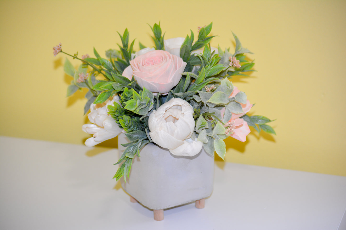 Square Pot with Ivory and Light Pink Flowers